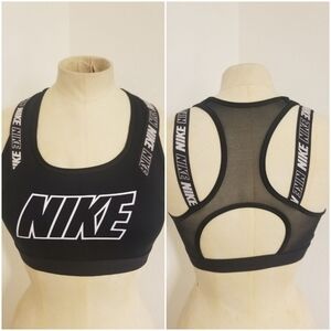 Nike Sz XS Sport Bra Mesh Thick Straps Spellout Straps Open Back Black